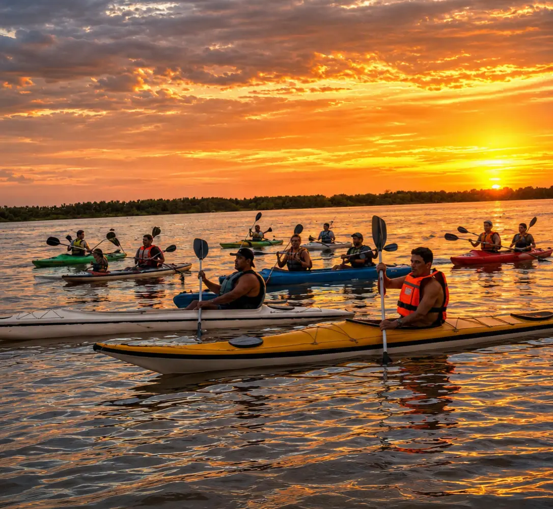 Salida grupal en kayak por el Paraná al atardecer